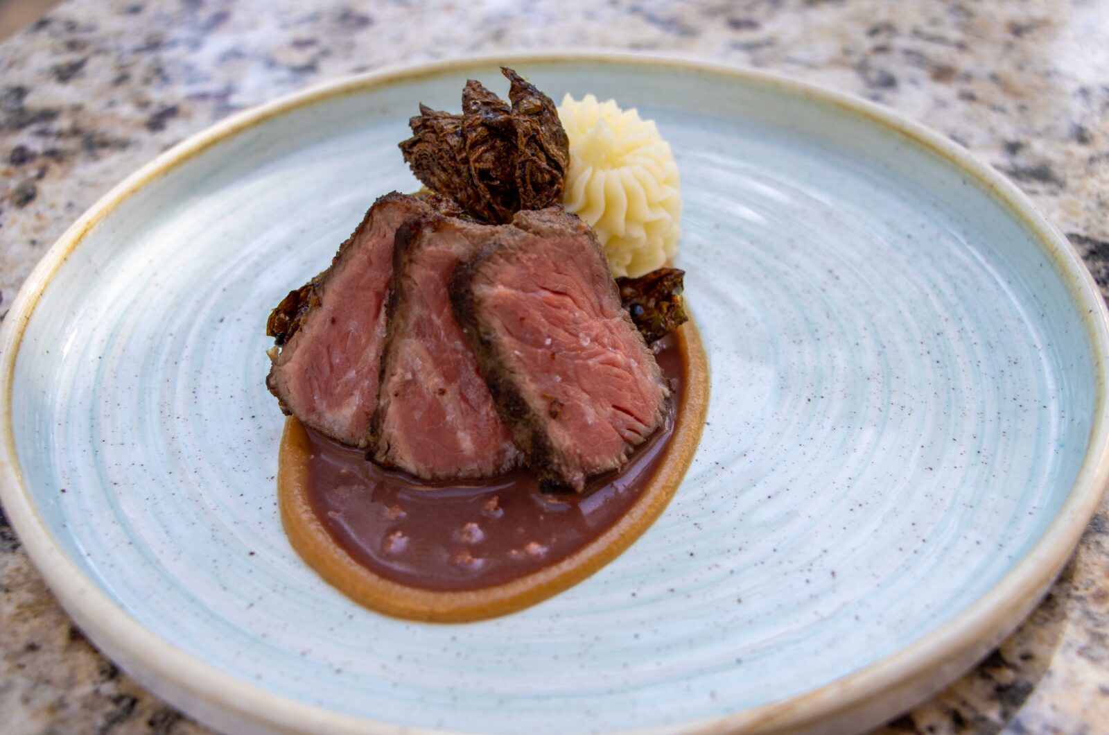 Steak Dinner with Potato Purée and Balsamic Brussels Sprouts
